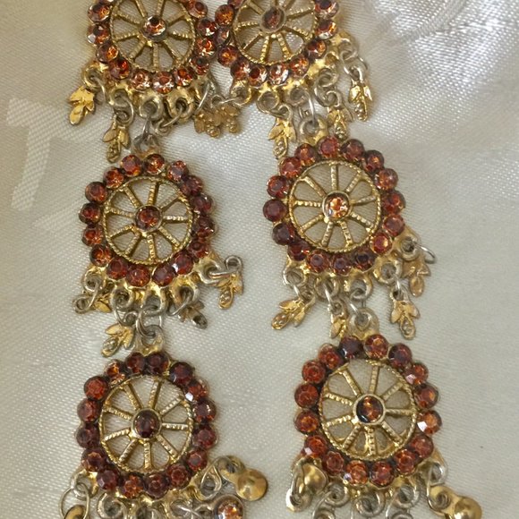 Bohemian Style Golden Brown Rhinestones Stones Long Earrings - Fashion Jewelry - Picture 2 of 4